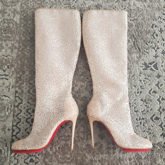 Christian Louboutin Tennissina 100 Nude Sequin Boots 38 - Picture 4 of 10
